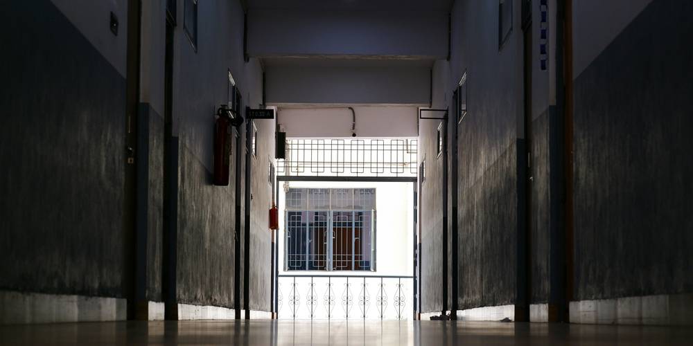 Quiet hallway outside an Ontario courtroom before jurors arrive